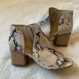 Fergalicious Volume Open-Toe Snake Print Booties